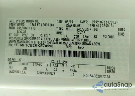 2019 Ford F-150 Xl из США, поврежденный, VIN 1FTMF1CB2KKE70590